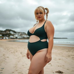 A bbw, fat and plump blond woman with hair in pigtails is posing on St Ives beach with the town behind her