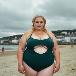 A bbw, fat and plump blond woman with hair in pigtails is posing on St Ives beach with the town behind her