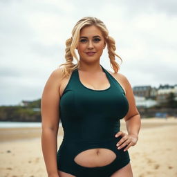 A curvy blonde woman with hair in pigtails is posing on St Ives beach with the town behind her