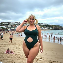 A curvy blonde woman with hair in pigtails is posing on St Ives beach with the town behind her