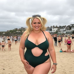 A curvy blonde woman with hair in pigtails is posing on St Ives beach with the town behind her