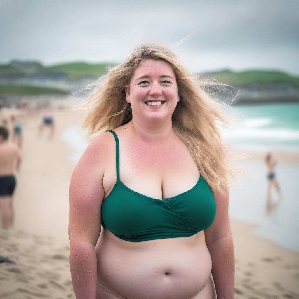 A chubby blonde woman with long hair flowing in the wind is posing on St Ives beach with the town behind her