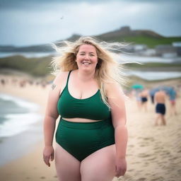 A chubby blonde woman with long hair flowing in the wind is posing on St Ives beach with the town behind her