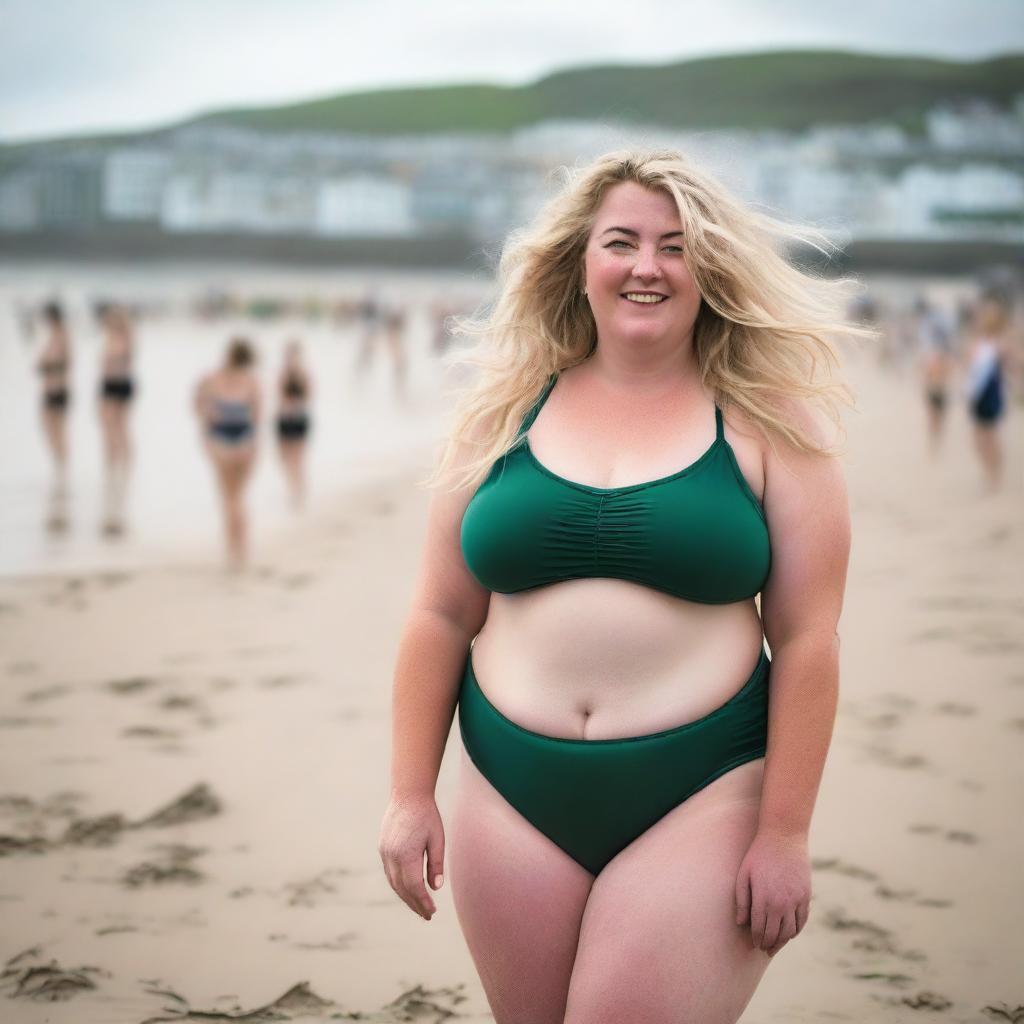 A chubby blonde woman with long hair flowing in the wind is posing on St Ives beach with the town behind her