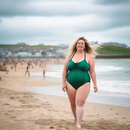 A chubby blonde woman with long hair flowing in the wind is posing on St Ives beach with the town behind her