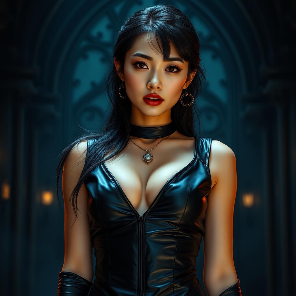 A young, attractive Asian female vampire dressed in sleek black leather attire