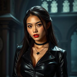 A young, attractive Asian female vampire dressed in sleek black leather attire