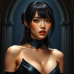 A young, attractive Asian female vampire dressed in sleek black leather attire