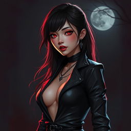 A young, attractive female Asian vampire dressed in a sleek leather outfit