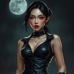 A young, attractive female Asian vampire dressed in a sleek leather outfit