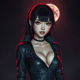 A young, attractive female Asian vampire dressed in a sleek leather outfit