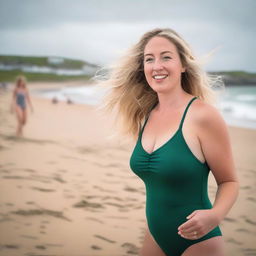 A curvy blonde woman with long hair flowing in the wind is posing on St Ives beach with the town behind her