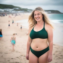 A curvy blonde woman with long hair flowing in the wind is posing on St Ives beach with the town behind her