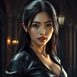 An ultra-realistic image of a young, attractive Asian female vampire dressed in sleek black leather attire