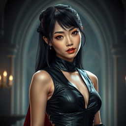 An ultra-realistic image of a young, attractive Asian female vampire dressed in sleek black leather attire