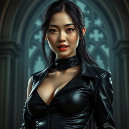 An ultra-realistic image of a young, attractive Asian female vampire dressed in sleek black leather attire