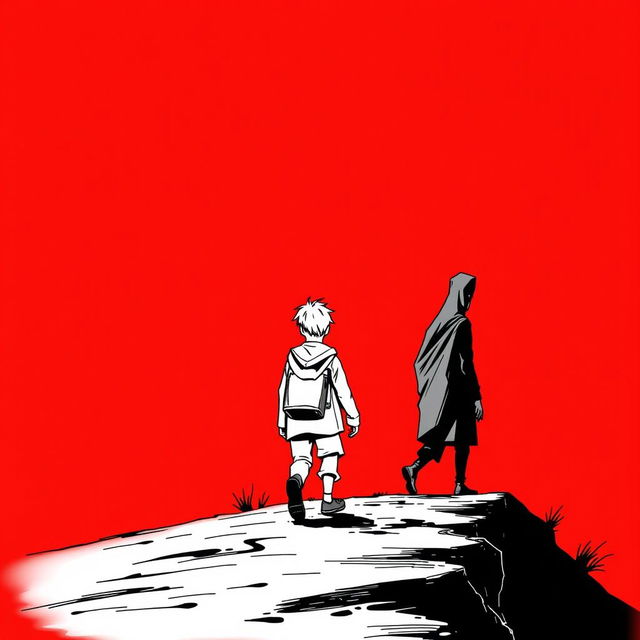 An illustration with a red background depicting two boys walking a long distance, followed by a man representing death