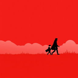 An illustration with a red background depicting two boys walking a long distance, followed by a man representing death