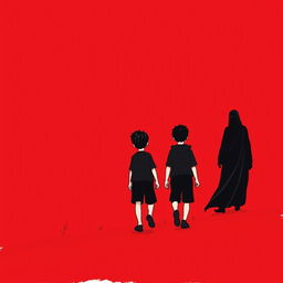 An illustration with a red background depicting two boys walking a long distance, followed by a man representing death