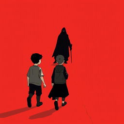 An illustration with a red background depicting two boys walking a long distance, followed by a man representing death