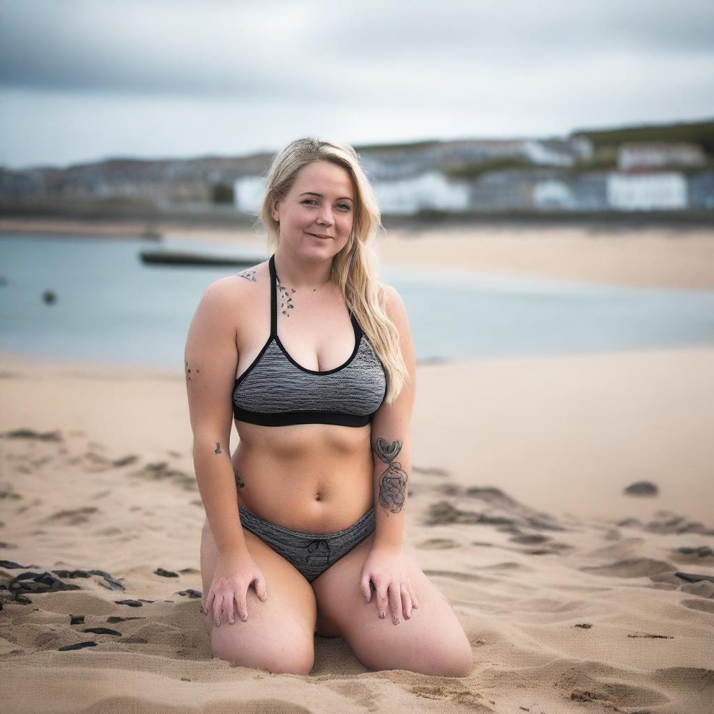 A plump blonde woman with hair in pigtails is kneeling on St Ives beach with the town behind her