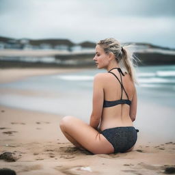 A plump blonde woman with hair in pigtails is kneeling on St Ives beach with the town behind her