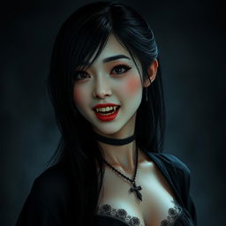 An ultra-realistic, high-quality image of an Asian female vampire with sharp fangs