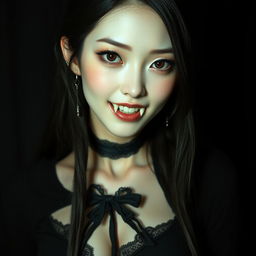 An ultra-realistic, high-quality image of an Asian female vampire with sharp fangs