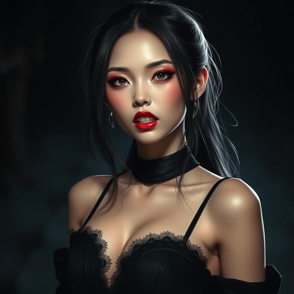 An ultra-realistic, high-quality image of an Asian female vampire with sharp fangs