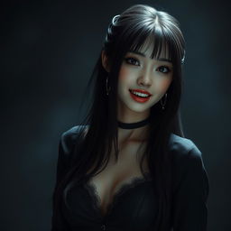 An ultra-realistic, high-quality image of an Asian female vampire with sharp fangs