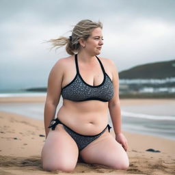 A chubby blonde woman with hair in pigtails is kneeling on St Ives beach with the town behind her