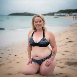 A chubby blonde woman with hair in pigtails is kneeling on St Ives beach with the town behind her