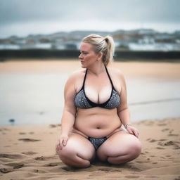 A chubby blonde woman with hair in pigtails is kneeling on St Ives beach with the town behind her