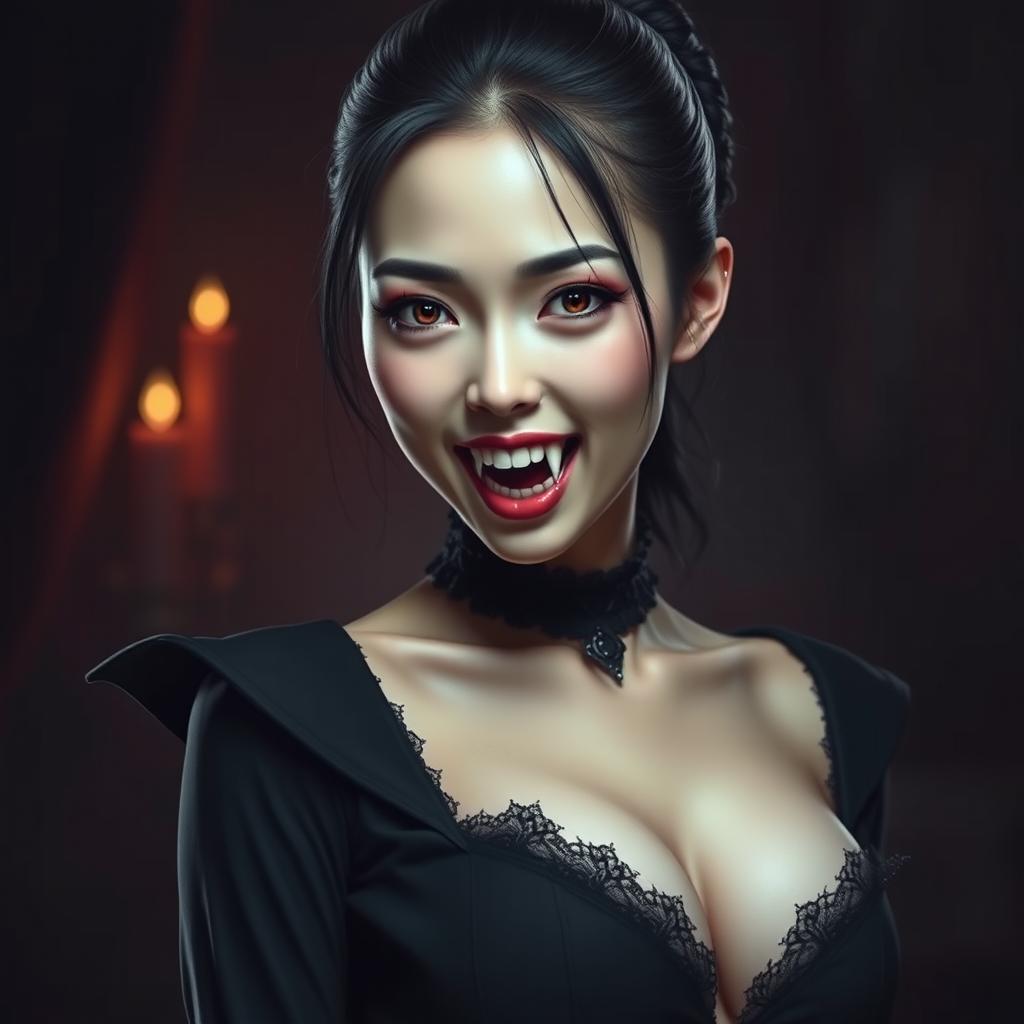 An ultra-realistic, high-quality image of an Asian female vampire with sharp fangs