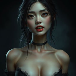 An ultra-realistic, high-quality image of an Asian female vampire with sharp fangs