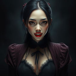 An ultra-realistic, high-quality image of an Asian female vampire with sharp fangs