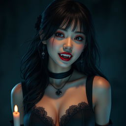 An ultra-realistic, high-quality image of an Asian female vampire with sharp fangs