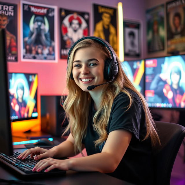 A 25-year-old white female streamer sitting at her gaming setup with a headset on, live streaming to her audience