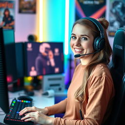 A 25-year-old white female streamer sitting at her gaming setup with a headset on, live streaming to her audience