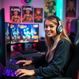 A 25-year-old white female streamer sitting at her gaming setup with a headset on, live streaming to her audience