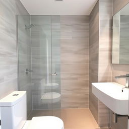 A modern bathroom featuring a shower, sink, and toilet