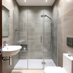 A modern bathroom featuring a shower, sink, and toilet