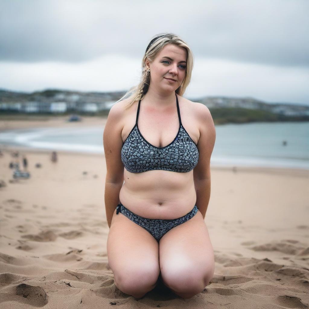 A chubby blonde woman with hair in pigtails is kneeling on St Ives beach with the town behind her