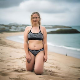 A chubby blonde woman with hair in pigtails is kneeling on St Ives beach with the town behind her