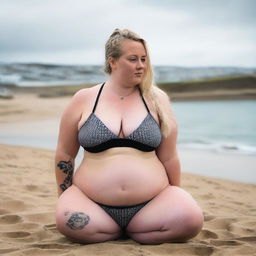 A chubby blonde woman with hair in pigtails is kneeling on St Ives beach with the town behind her