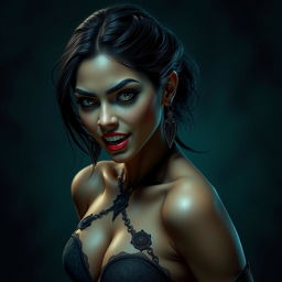 An ultra-realistic, high-quality image of an Indian female vampire with sharp fangs