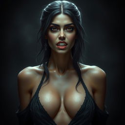 An ultra-realistic, high-quality image of an Indian female vampire with sharp fangs