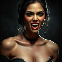 An ultra-realistic, high-quality image of an Indian female vampire with sharp fangs