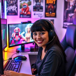 A 25-year-old female streamer with dark hair and imperfect skin sitting at her gaming setup