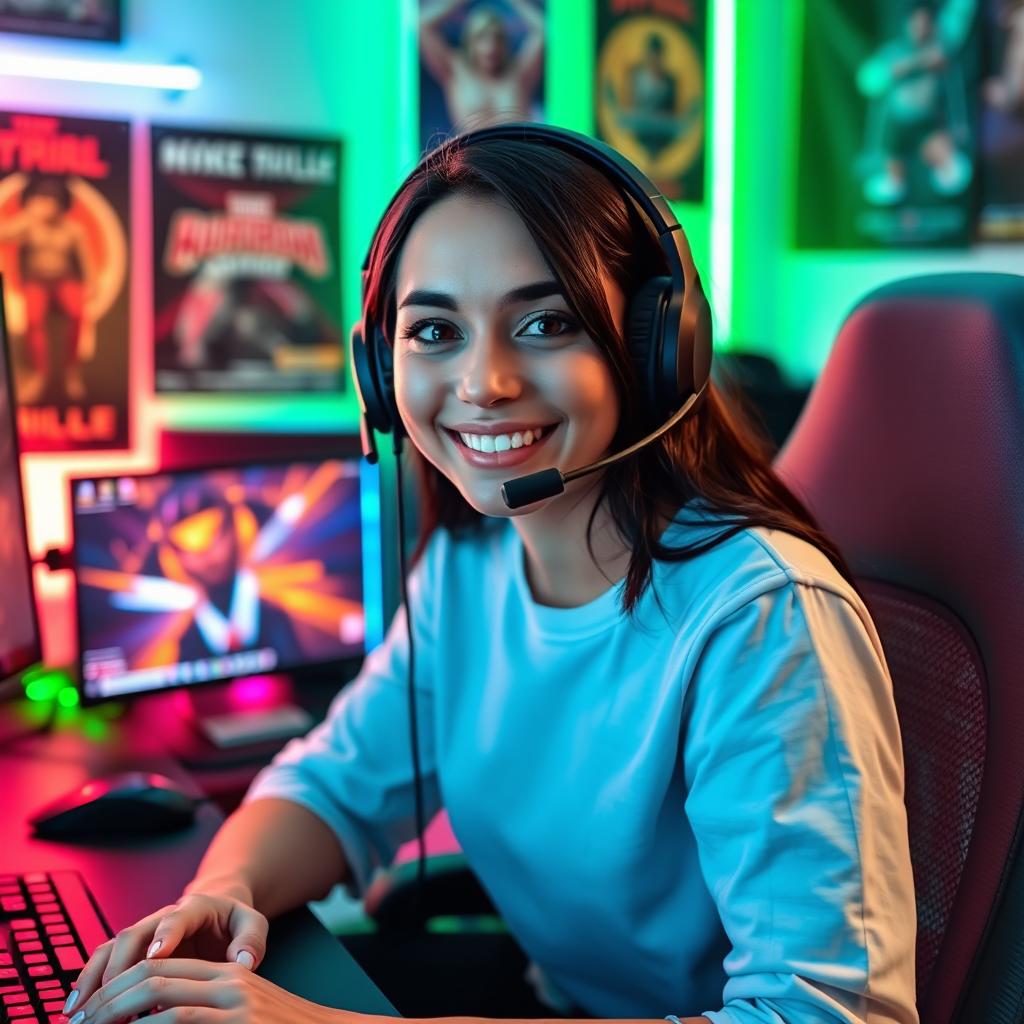 A 25-year-old female streamer with dark hair and imperfect skin sitting at her gaming setup